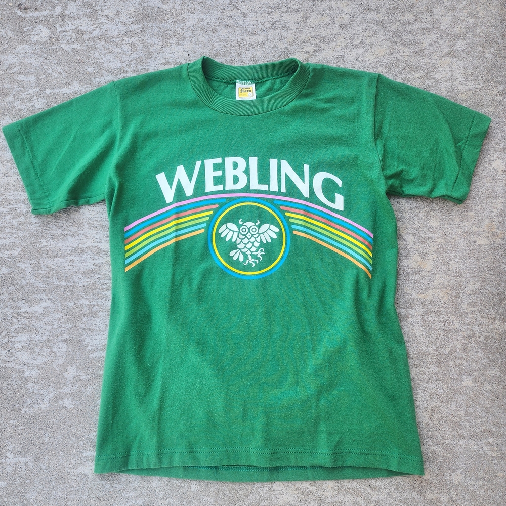 Vintage 80s Velva Sheen Webling Green‎ Baby Tee, Rainbow Owl Hawaii School, S